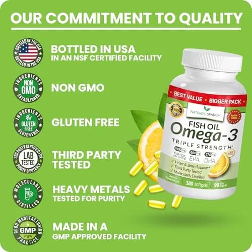 NATURE'S BRANCH Triple Strength Omega 3 Fish Oil 180 Count | Heart, Brain & Eye Health Support thumbnail 7