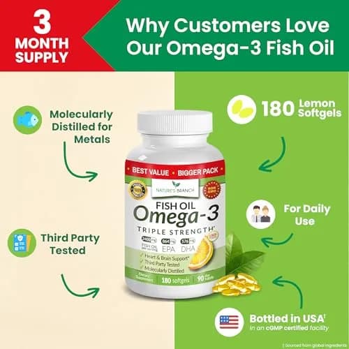 NATURE'S BRANCH Triple Strength Omega 3 Fish Oil 180 Count | Heart, Brain & Eye Health Support thumbnail 3