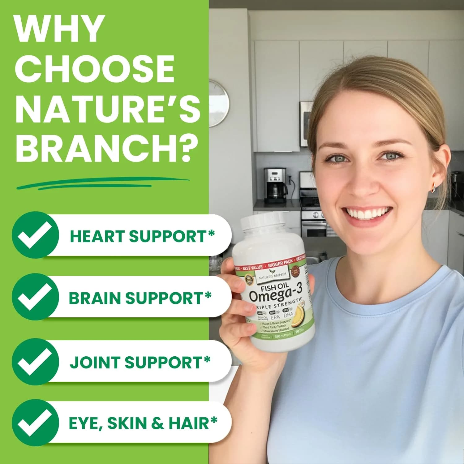 NATURE'S BRANCH Triple Strength Omega 3 Fish Oil 180 Count | Heart, Brain & Eye Health Support - view 4