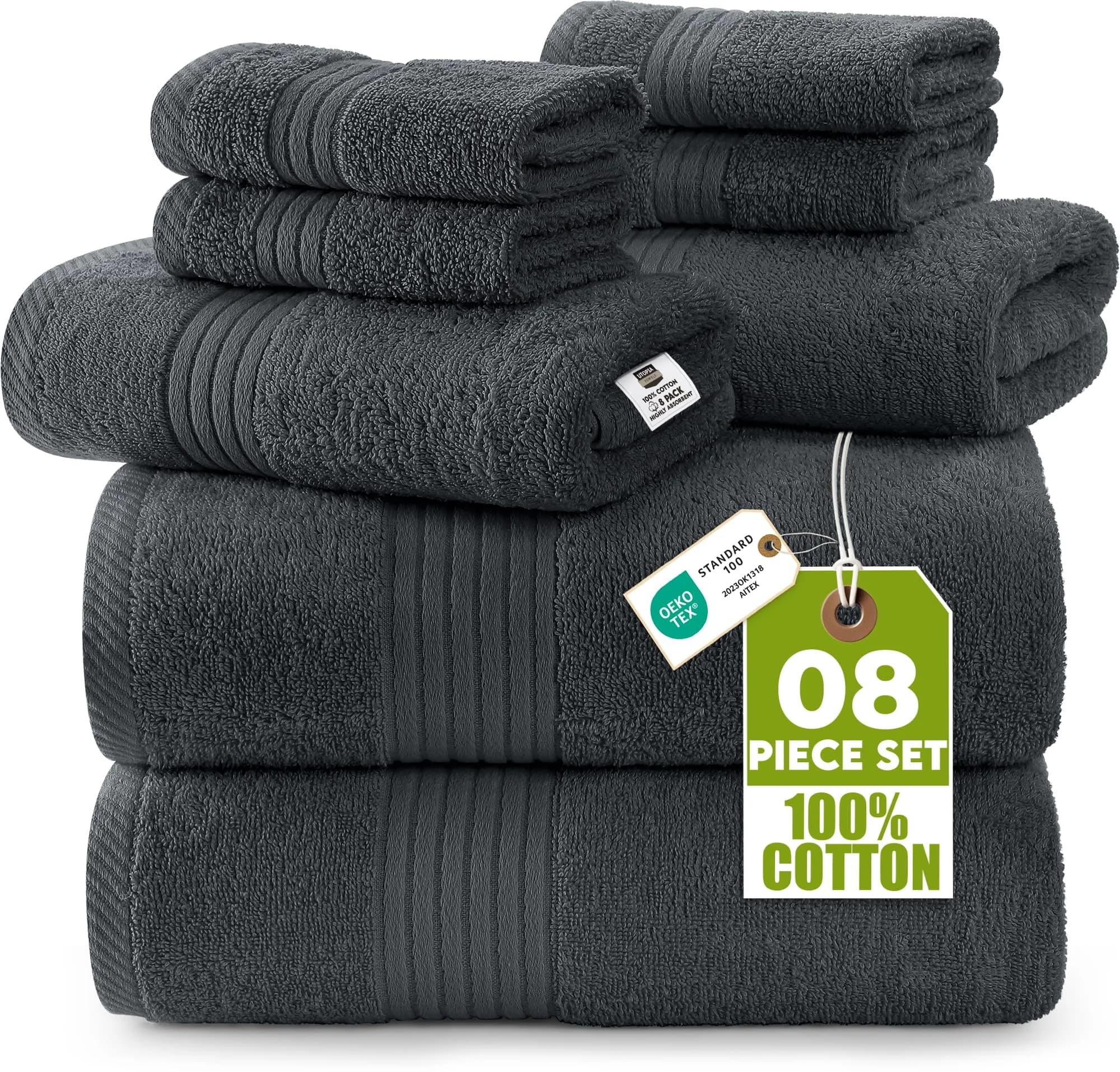 Utopia Towels 8 Piece Premium Towel Set, Grey | 2 Bath 2 Hand 4 Washcloths, 500 GSM, Super Soft & Absorbent