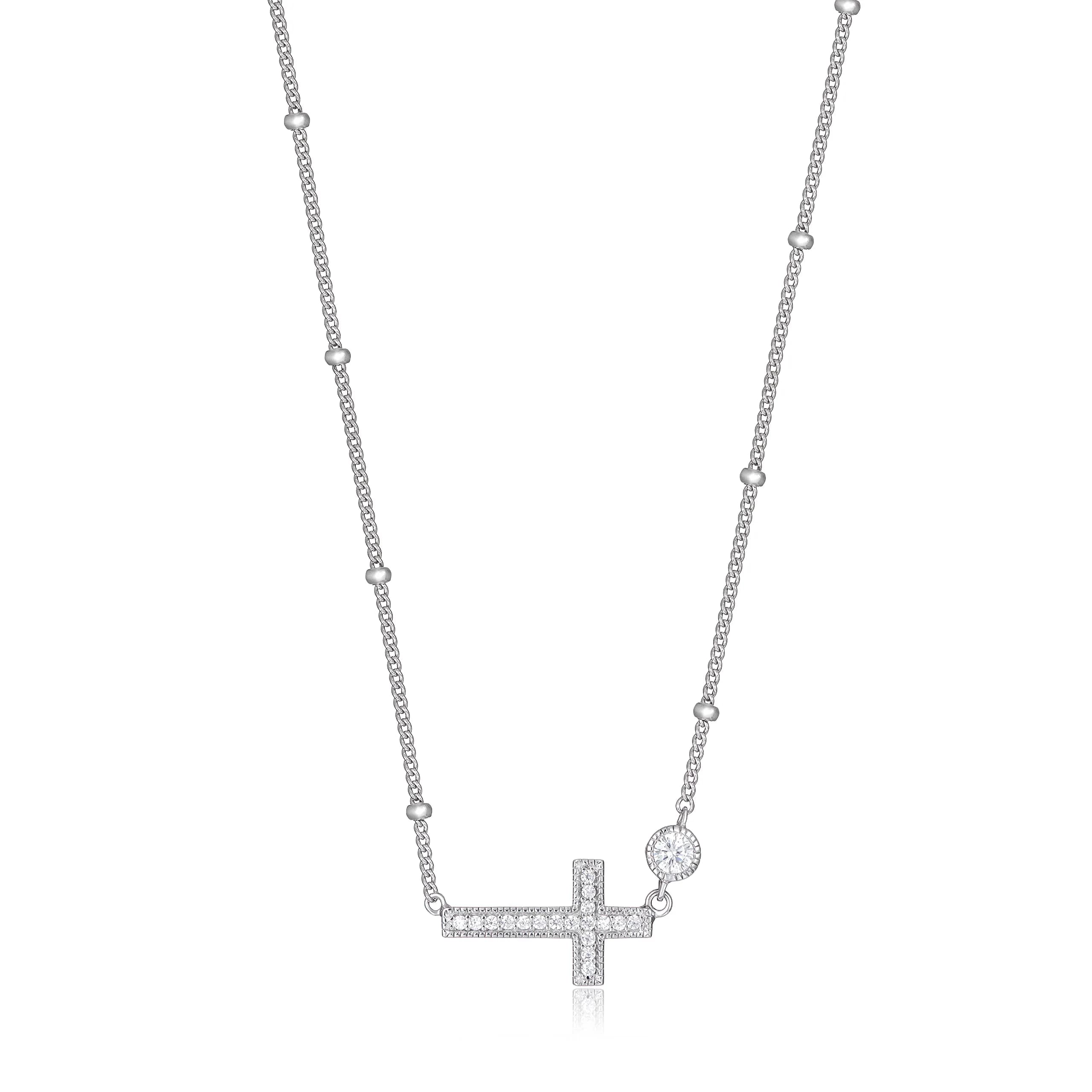 Morgan & Paige Silver Rhodium Plated Sideways Cross Pendant Necklace 16in | Dainty, Hypoallergenic & Adjustable — White