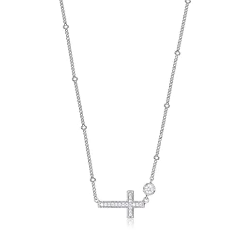 Morgan & Paige Silver Rhodium Plated Sideways Cross Pendant Necklace 16in | Dainty, Hypoallergenic & Adjustable thumbnail 1
