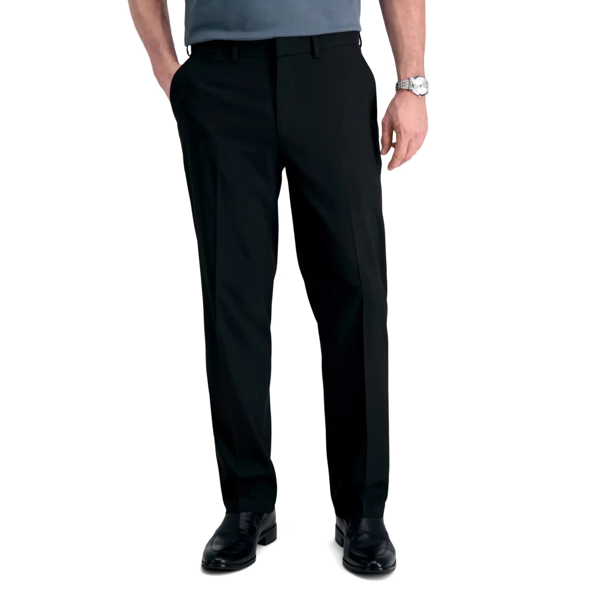 Haggar Men's Sharkskin Superflex Waist Straight Fit Dress Pant, Jet Black, 38W x 32L | All-day Comfort & Style
