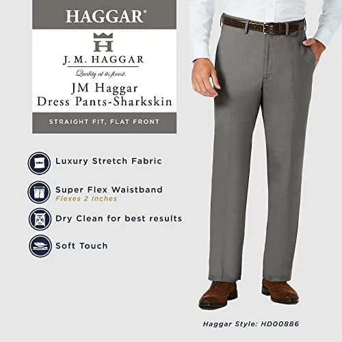 Haggar Men's Sharkskin Superflex Waist Straight Fit Dress Pant, Jet Black, 38W x 32L | All-day Comfort & Style thumbnail 4