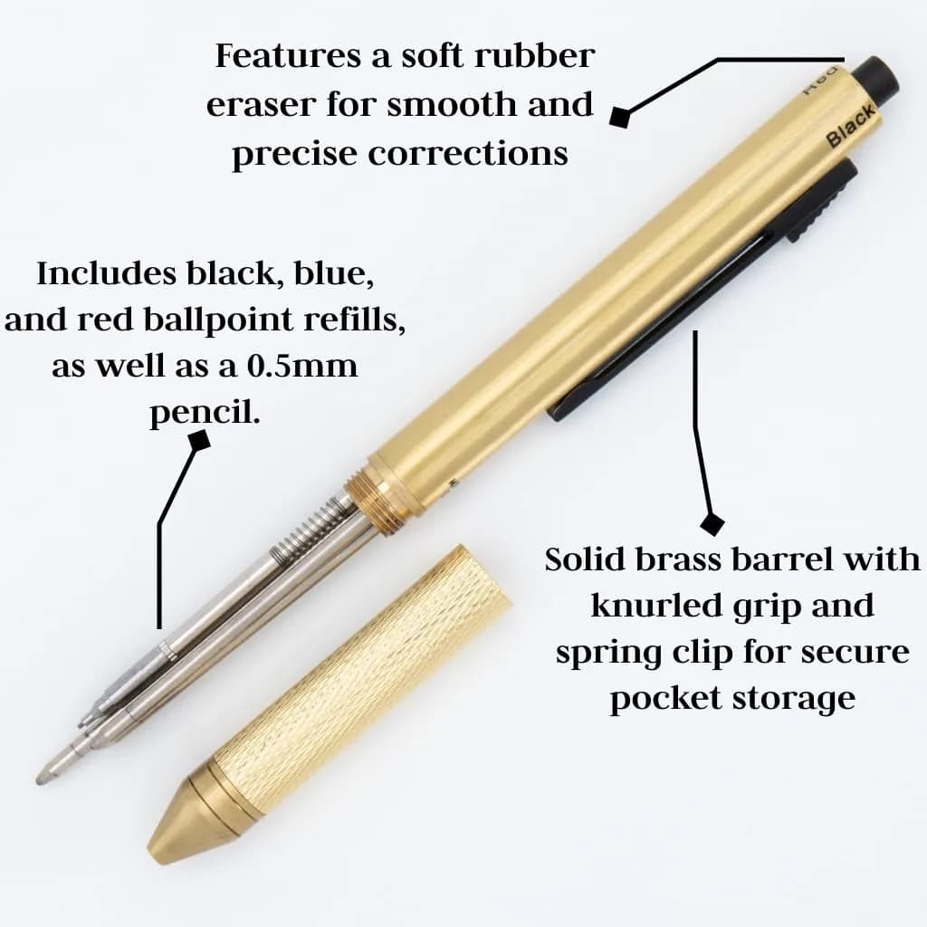 Monteverde Quadro 4-in-1 Multifunction Pen - Brass Finish - 0.5mm Pencil & 3 Ballpoint Refills | Solid Brass Barrel with Knurled Grip - view 4