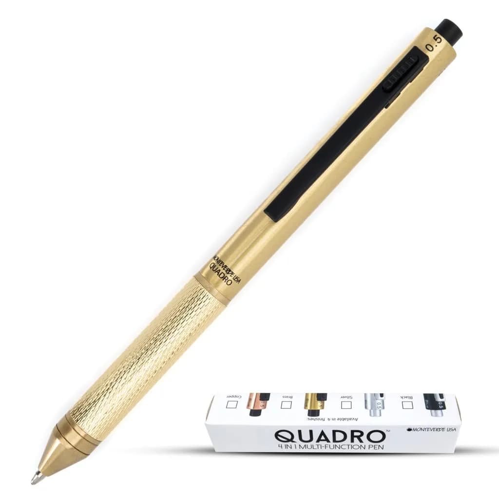 Monteverde USA Quadro 4-in-1 Multifunction Pen Black | Brass Barrel, Knurled Grip, 0.5mm Pencil & 3 Ballpoints — Brass