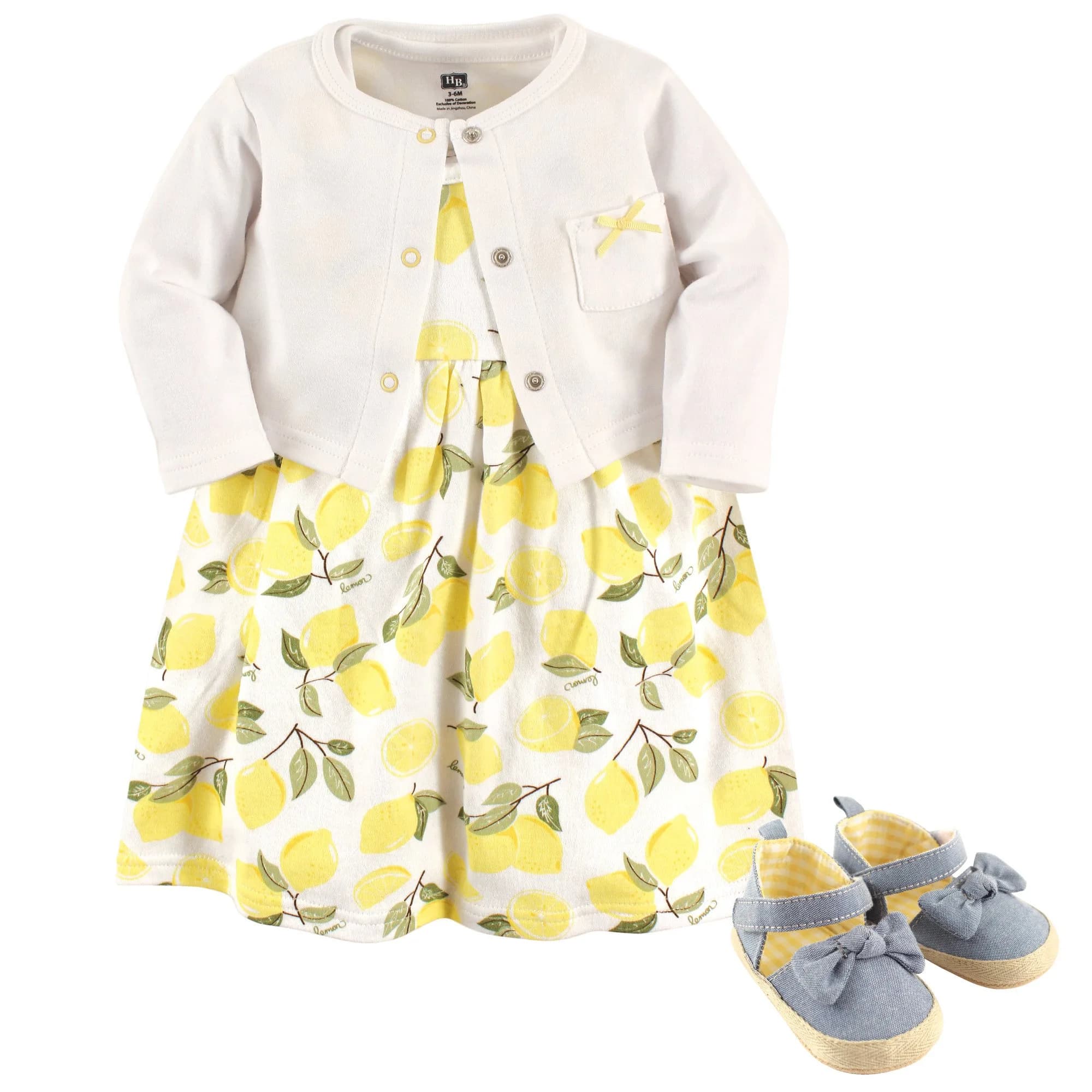Hudson Baby Baby Girl Cotton Dress, Cardigan & Shoes Set, Lemon, 0-3 Months | Bright, Comfortable & Stylish