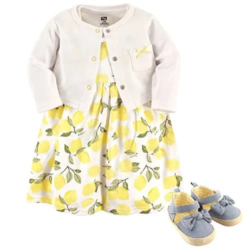 Hudson Baby Baby Girl Cotton Dress, Cardigan & Shoes Set, Lemon, 0-3 Months | Bright, Comfortable & Stylish thumbnail 1