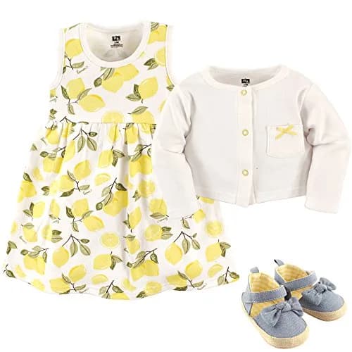 Hudson Baby Baby Girl Cotton Dress, Cardigan & Shoes Set, Lemon, 0-3 Months | Bright, Comfortable & Stylish thumbnail 2