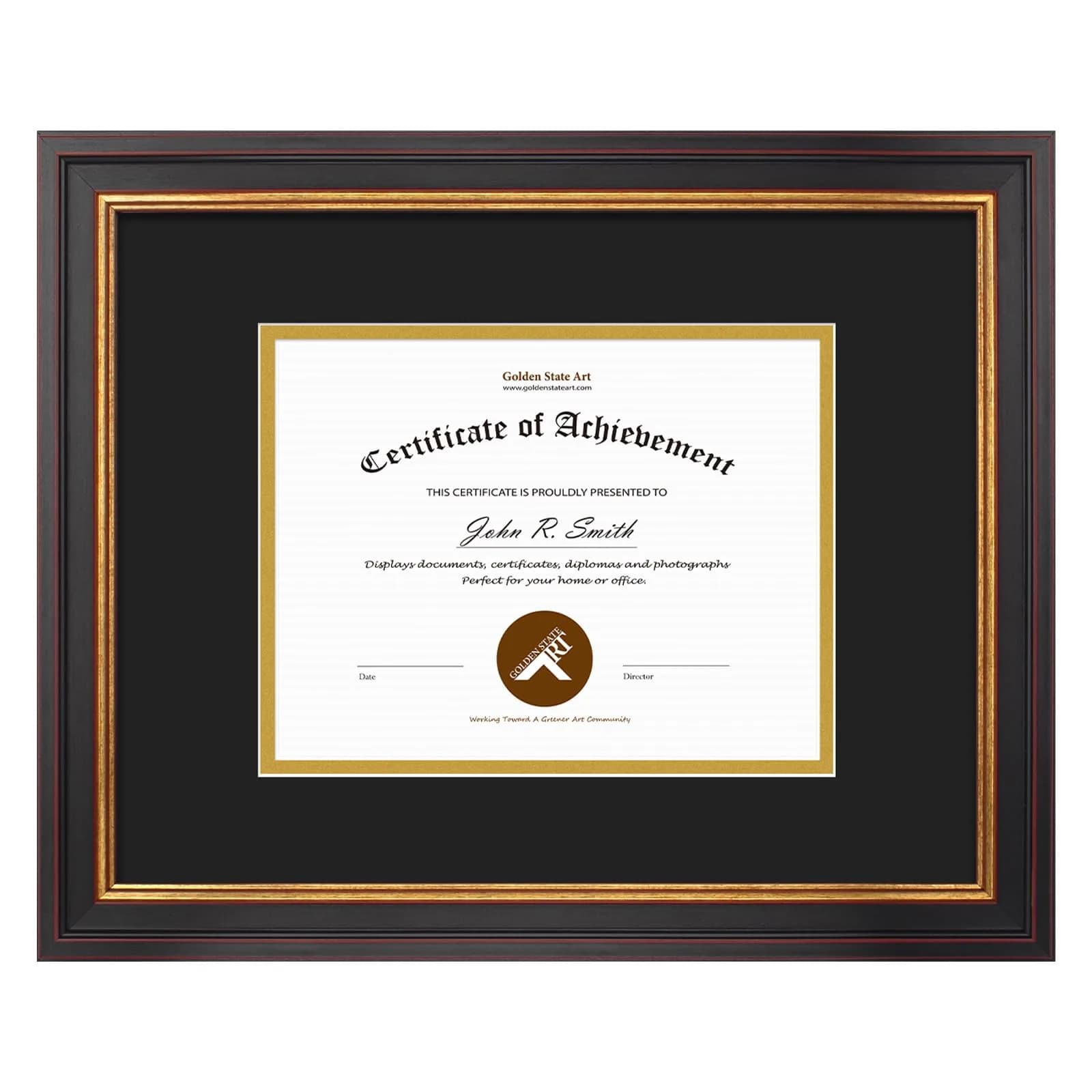 Golden State Art 11x14 Frame Black Over Gold Double Mat for 7x9 Diploma | Real Glass, Wall Mount, Elegant Design