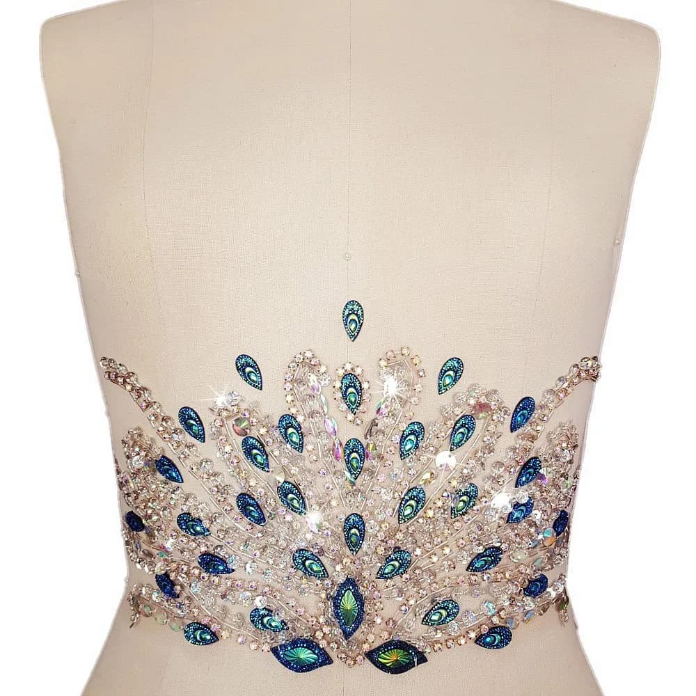 succi shan Fabric Applique Patch 17x31cm | Handcrafted Blue Rhinestone Embellishment - main product image