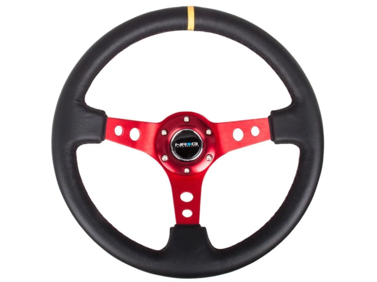 NRG Innovations Reinforced Sport Steering Wheel 350mm | 3" Deep Leather, Red Spoke, Yellow Center Mark — Red