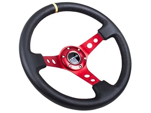 NRG Innovations Reinforced Sport Steering Wheel 350mm | 3" Deep Leather, Red Spoke, Yellow Center Mark thumbnail 2
