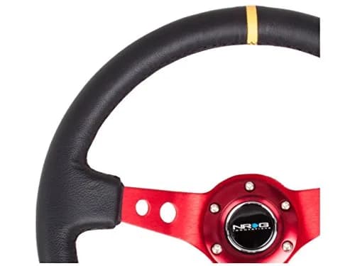 NRG Innovations Reinforced Sport Steering Wheel 350mm | 3" Deep Leather, Red Spoke, Yellow Center Mark thumbnail 3