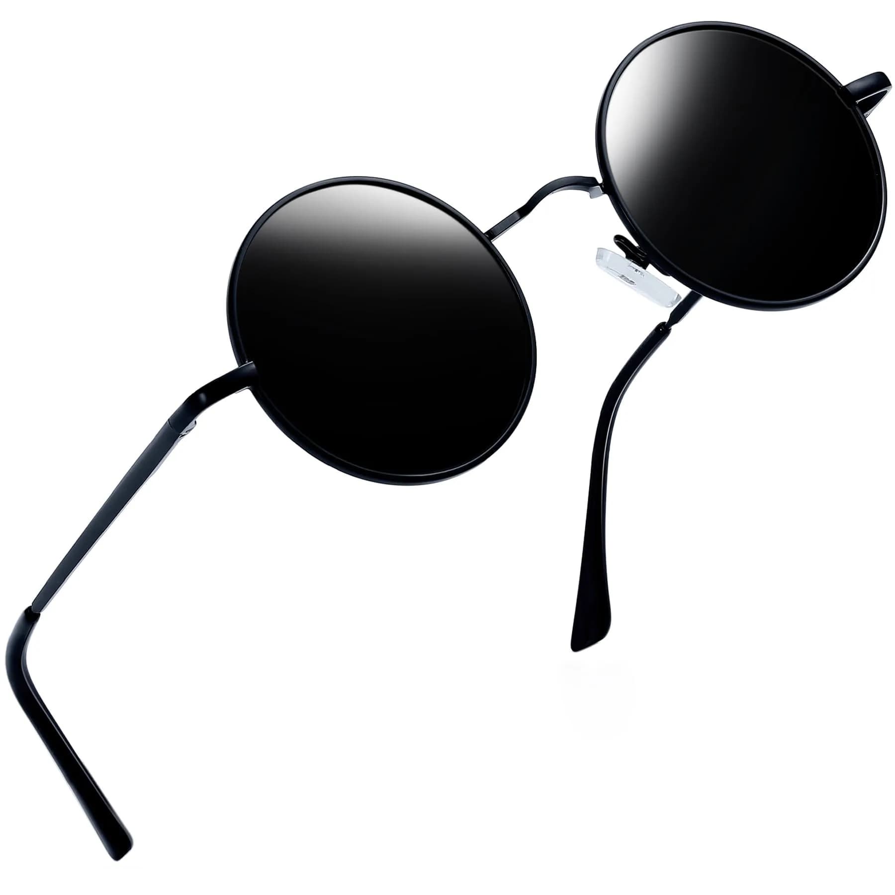 Joopin Small Round Sunglasses Metal Frame 46mm (1.81 in) | Polarized UV400 Protection — Black Black