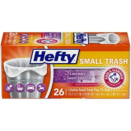 Hefty Small Trash Bags, Flap Tie, Lavender & Sweet Vanilla Scent, 4 Gallon, 26 Count | Odor Neutralizing Kitchen Bags thumbnail 1