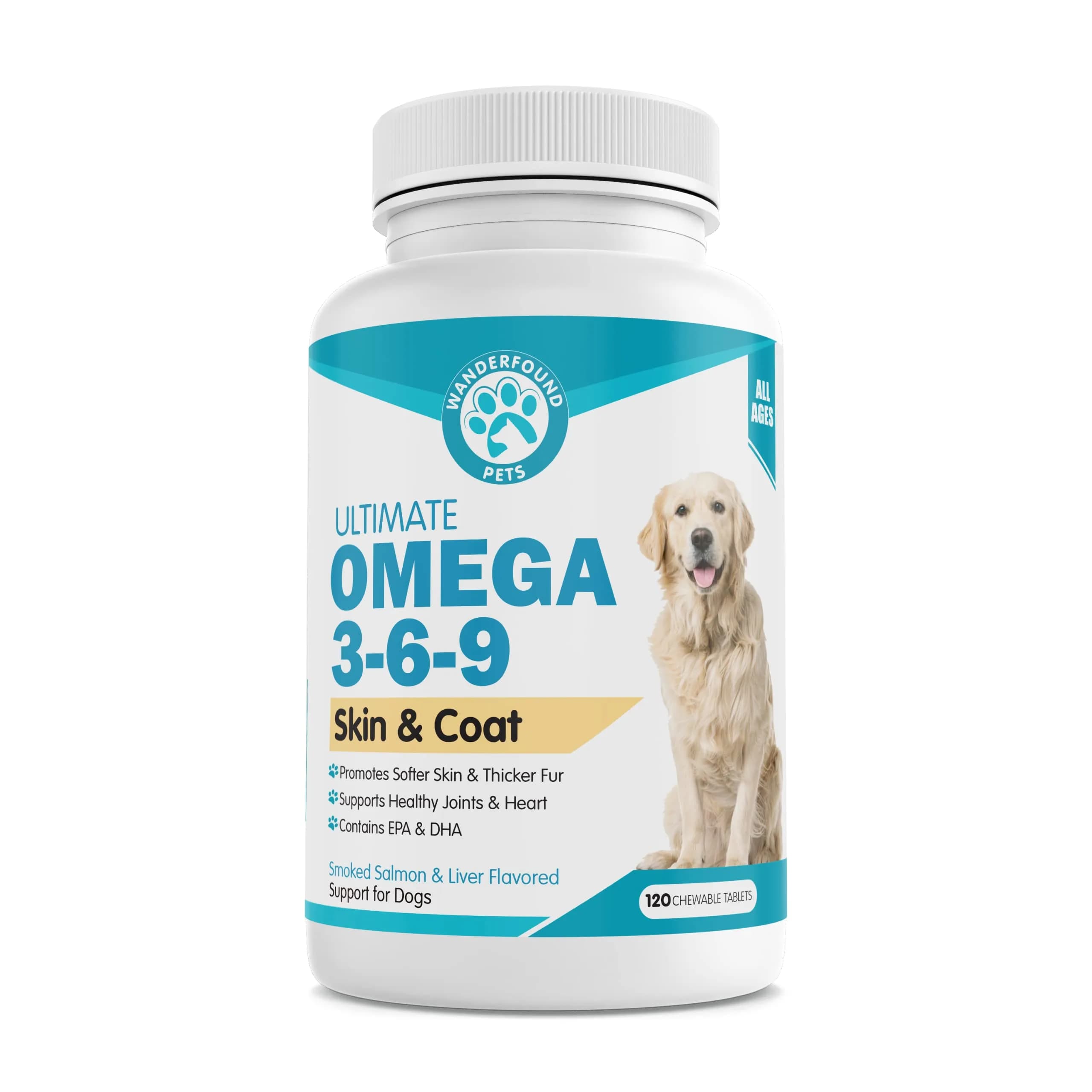 Pawsitive Omega 3-6-9 for Dogs | Skin & Coat Support with EPA & DHA Fish Oil, Smoked Salmon & Liver Flavor, 120 Chewable Tablets