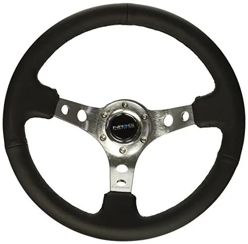 NRG Innovations NRG-RST-006SL Reinforced Steering Wheel 350mm Sport Steering Wheel (3" Deep), Silver Spoke with Round Holes, Black Leather | Universal Fit thumbnail 1