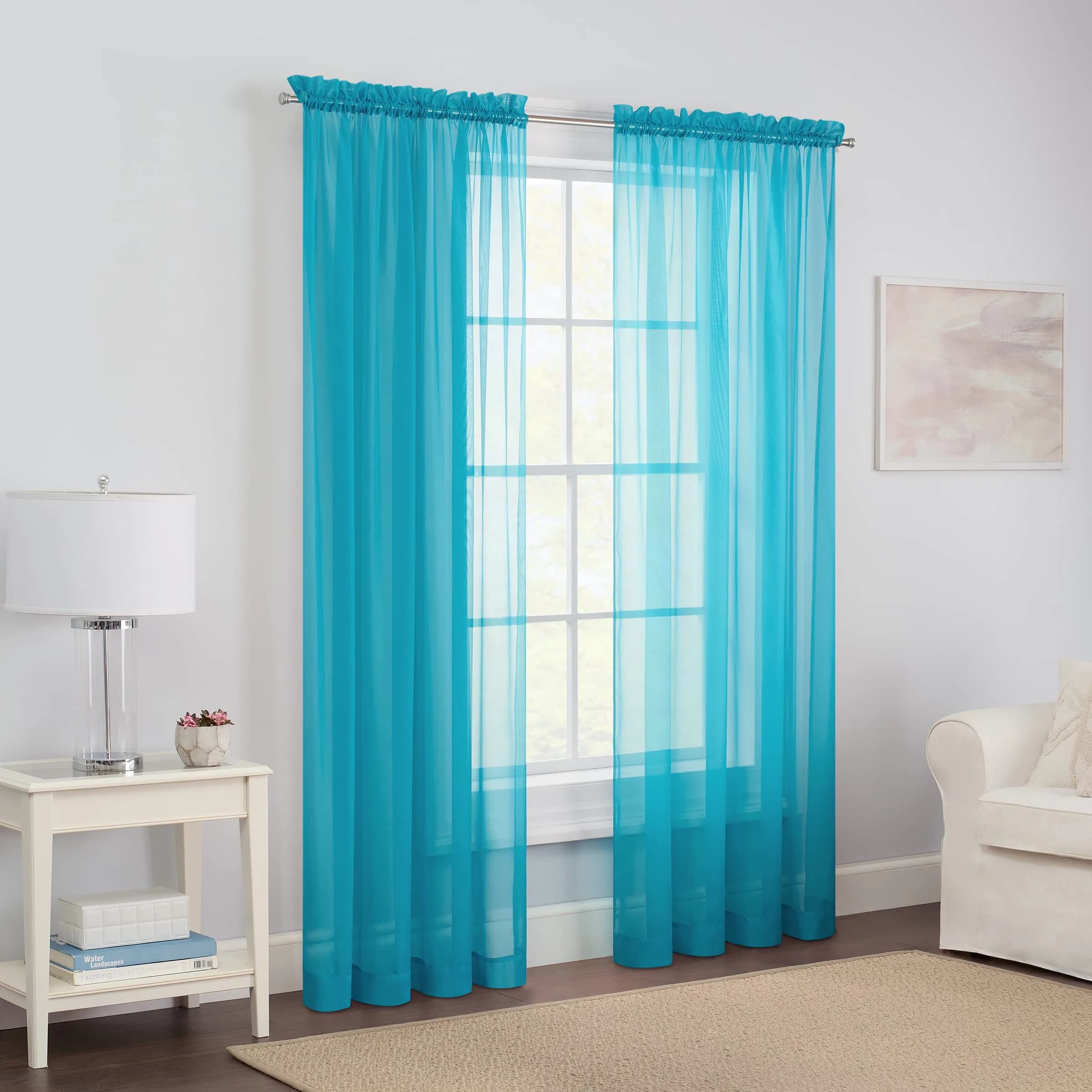 Pairs to Go Victoria Voile Modern Sheer Rod Pocket Window Curtains for Living Room (2 Panels), 59 in x 95 in, Turquoise