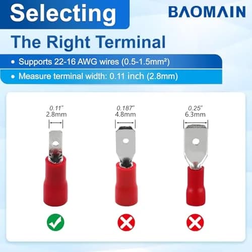 Baomain 0.11" Male Quick Disconnect Spade Terminals 22-16 AWG | Insulated Copper Connectors for Automotive & DIY (70-120 chars) thumbnail 4