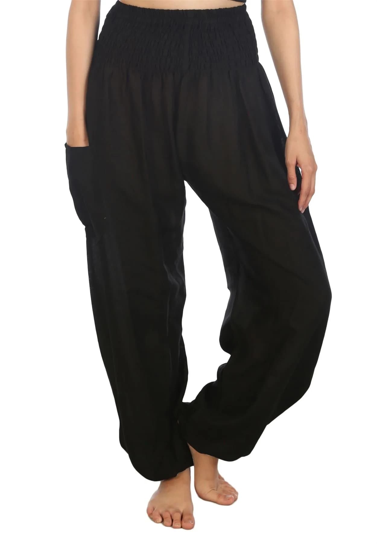 LOFBAZ Women Harem Pants Yoga Festival Clothing Boho Bohemian Solid Black XL | Flowy Rayon, High Waist, Comfortable Fit - main product image