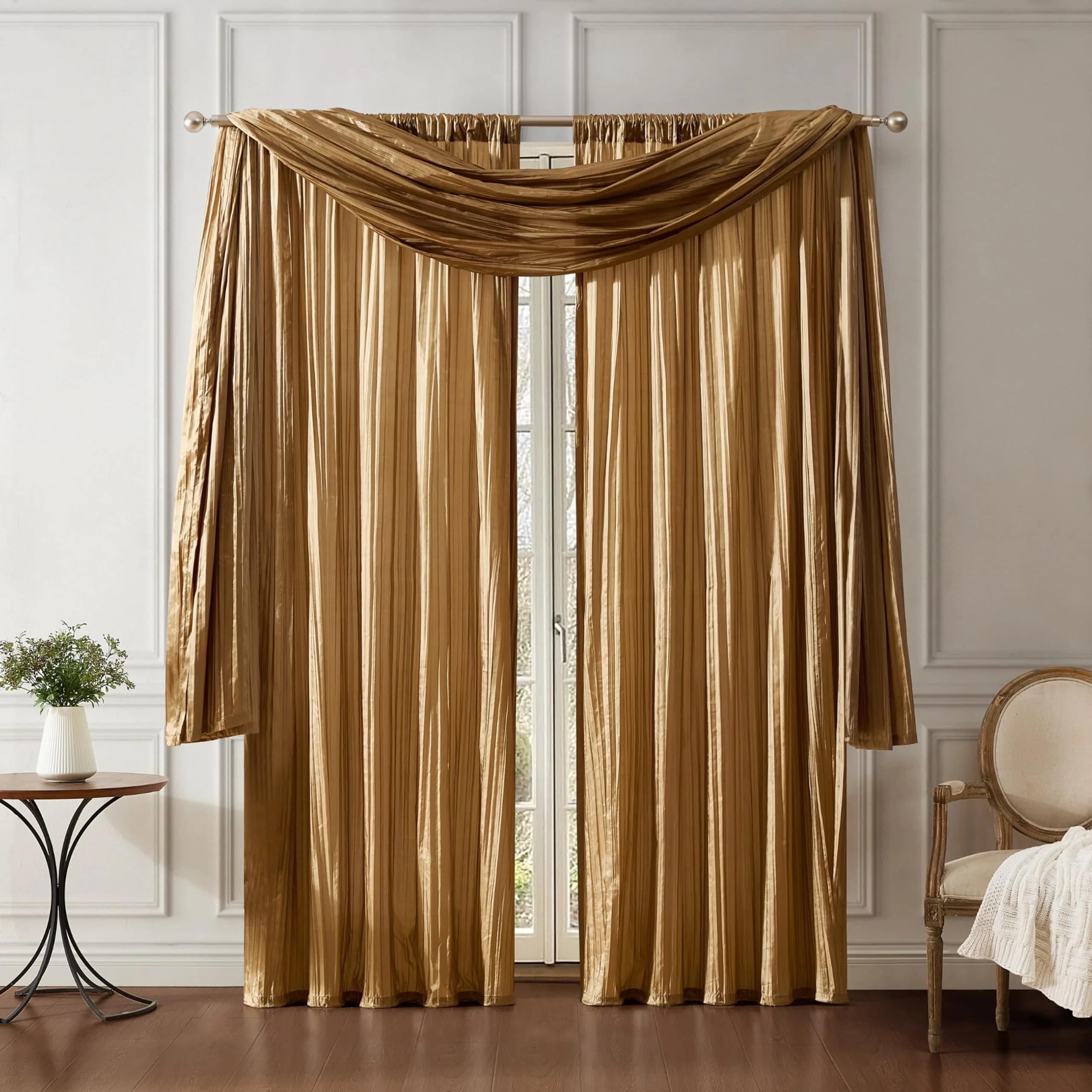 Threadmade Athena Faux Silk Window Curtain and Scarf Set, Gold - 52" W x 95" L | Elegant Drapery for Home
