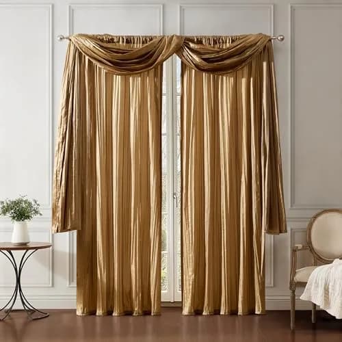 Threadmade Athena Faux Silk Window Curtain and Scarf Set, Gold - 52" W x 95" L | Elegant Drapery for Home thumbnail 8