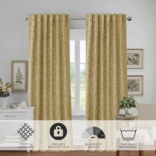 Threadmade Mia Jacquard Scroll Blackout Window Curtain, Gold - 52"W x 95"L | Elegant Sun-Blocking Opulence thumbnail 2