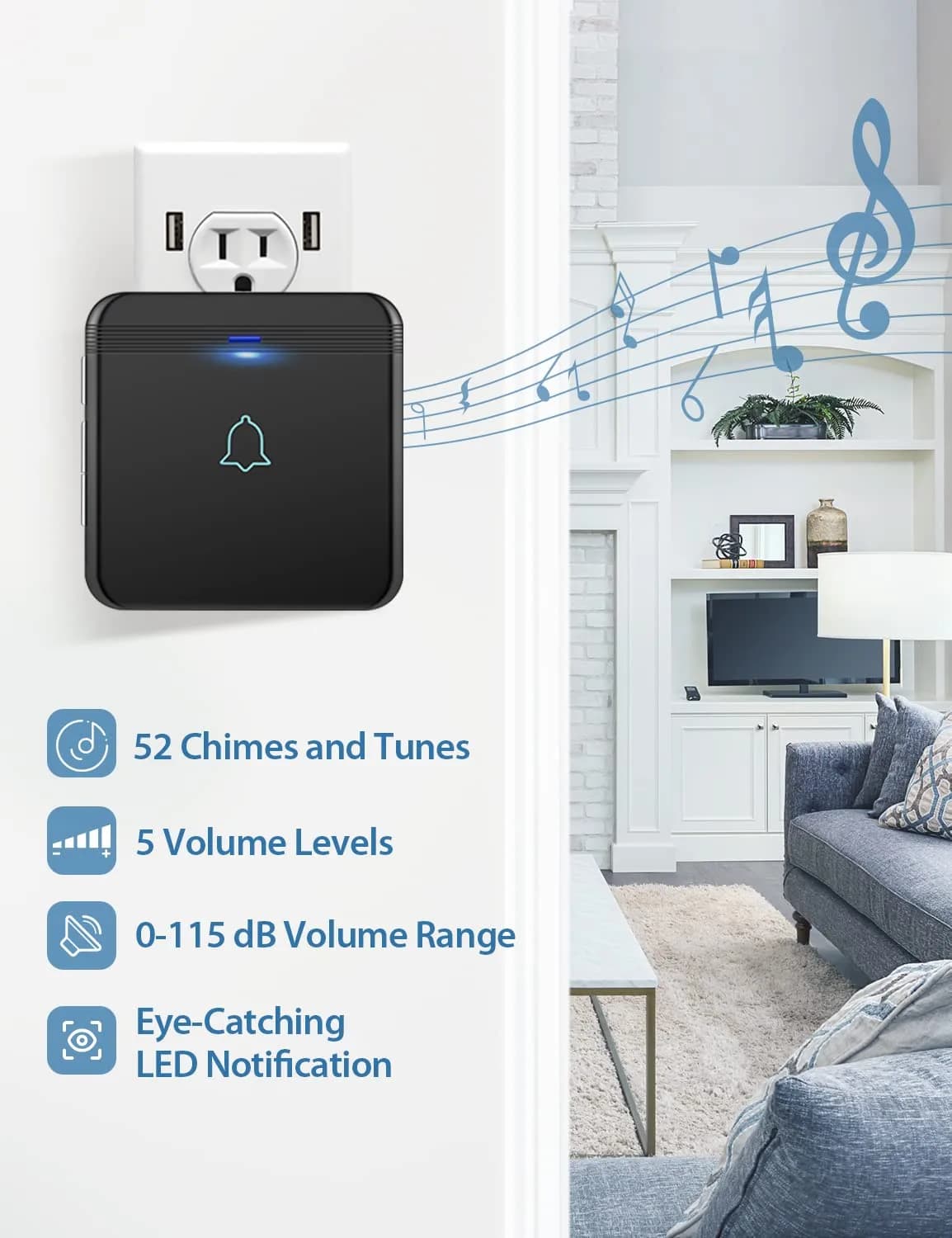 AVANTEK Wireless Doorbell Kit 1300 ft Range, Black | Waterproof Transmitter & 2 Plug-in Receivers - view 2