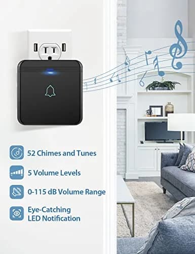AVANTEK Wireless Doorbell Kit 1300 ft Range, Black | Waterproof Transmitter & 2 Plug-in Receivers thumbnail 2