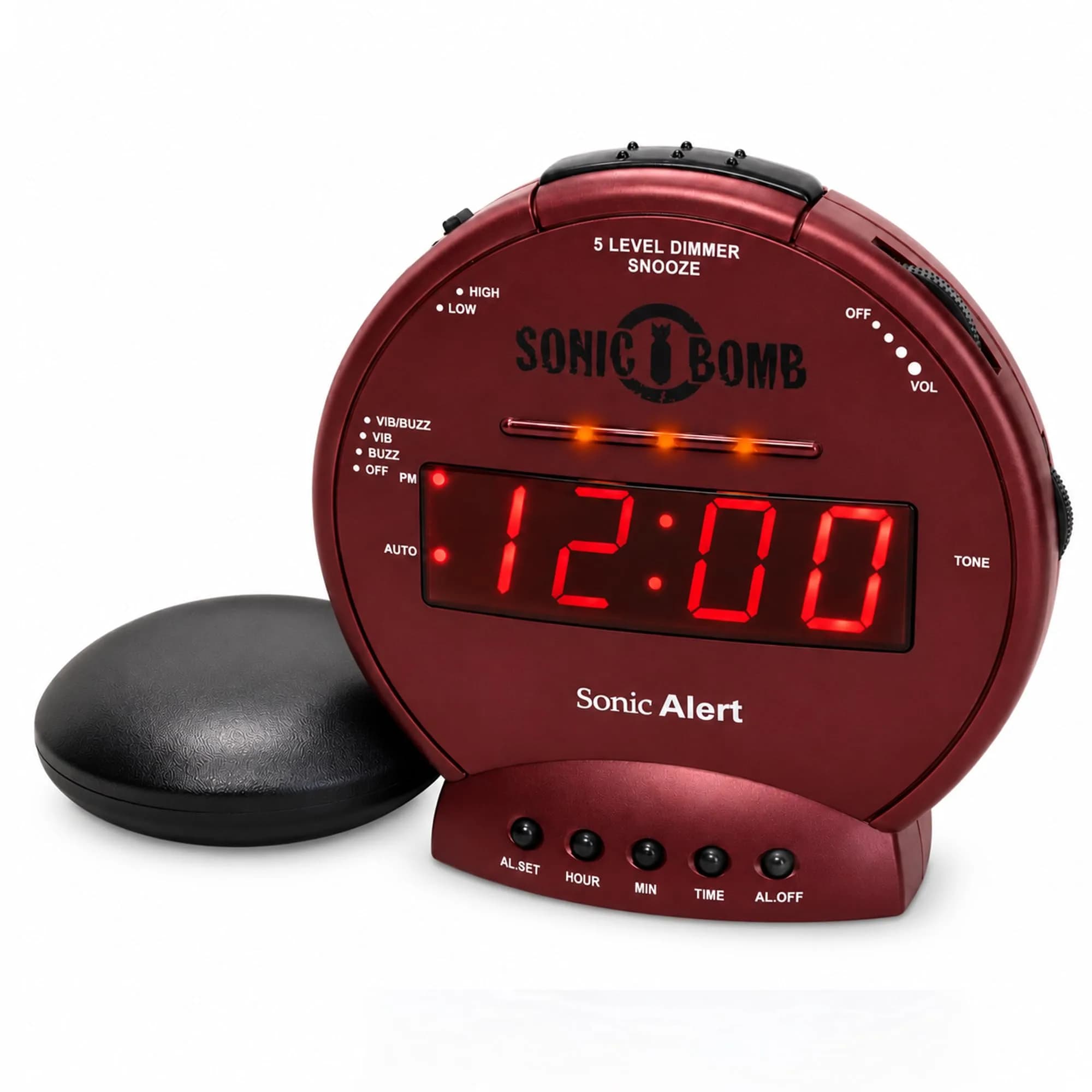 Sonic Alert Sonic Bomb Dual Alarm Clock with Bed Shaker, Red, Heavy Sleepers, Battery Backup | Wake with a Shake