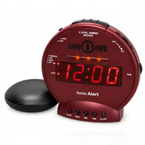Sonic Alert Sonic Bomb Dual Alarm Clock with Bed Shaker, Red, Heavy Sleepers, Battery Backup | Wake with a Shake thumbnail 1