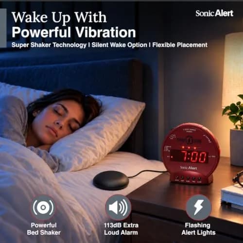 Sonic Alert Sonic Bomb Dual Alarm Clock with Bed Shaker, Red, Heavy Sleepers, Battery Backup | Wake with a Shake thumbnail 4