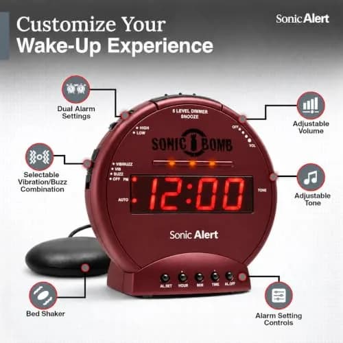 Sonic Alert Sonic Bomb Dual Alarm Clock with Bed Shaker, Red, Heavy Sleepers, Battery Backup | Wake with a Shake thumbnail 6