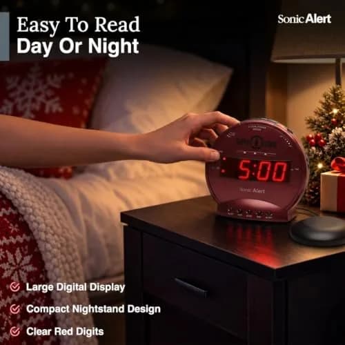 Sonic Alert Sonic Bomb Dual Alarm Clock with Bed Shaker, Red, Heavy Sleepers, Battery Backup | Wake with a Shake thumbnail 7