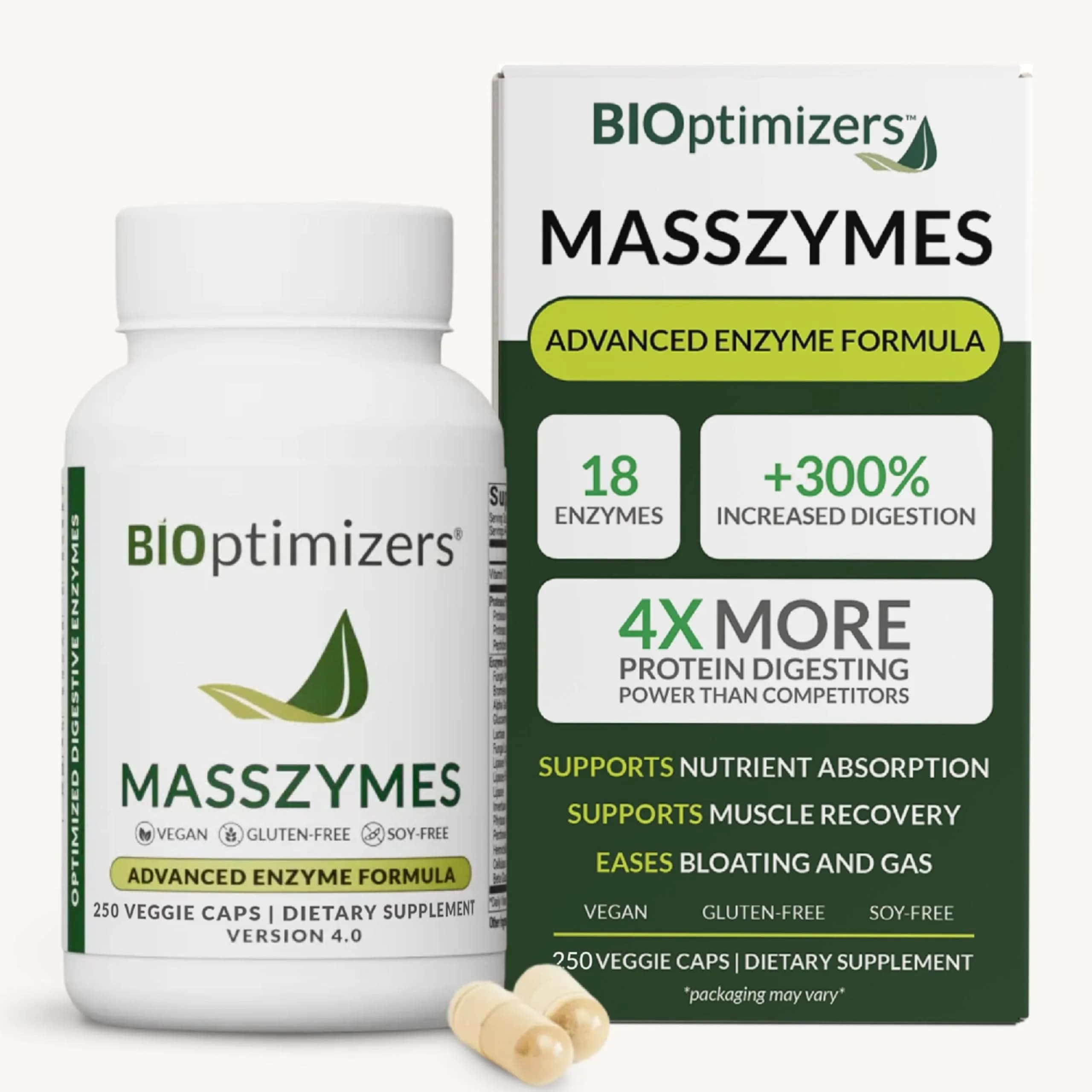 BIOptimizers MassZymes Digestive Enzyme Supplement 250 Capsules | Supports Gut Health & Muscle Recovery
