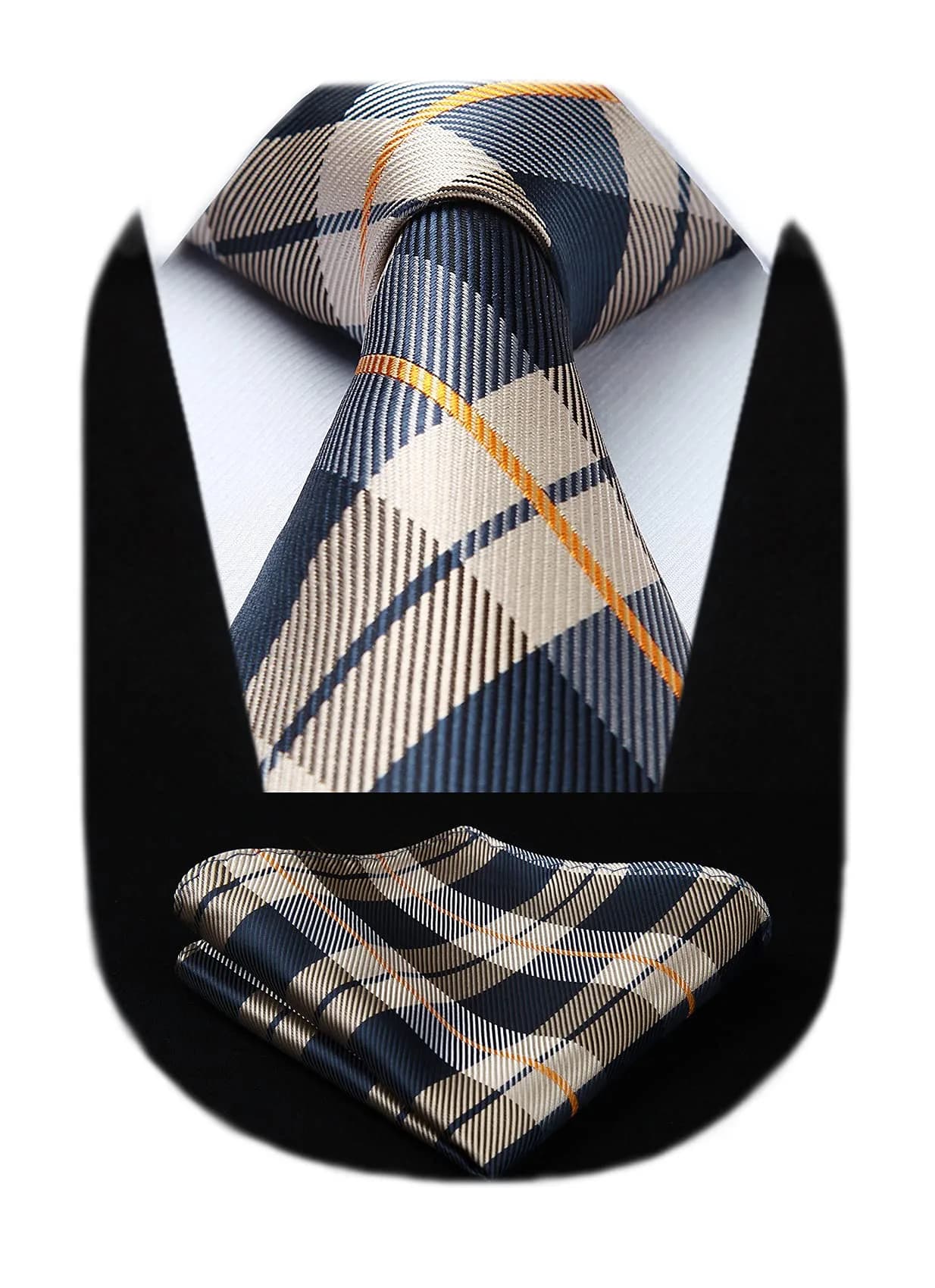 HISDERN Necktie Set for Men Brown Plaid Extra Long 63'' | Formal Silk Checkered