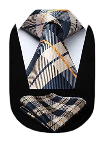 HISDERN Necktie Set for Men Brown Plaid Extra Long 63'' | Formal Silk Checkered thumbnail 1