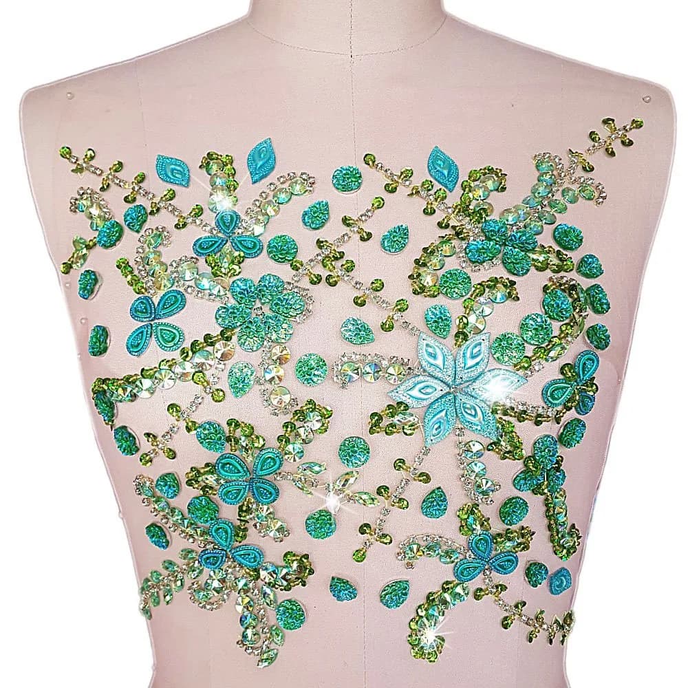 succi shan Green Fabric Appliqué Patch 10.6x12.2″ | Bright Sew-on Rhinestone Flower for Wedding Dresses — green