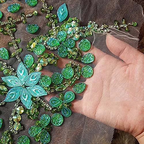 succi shan Green Fabric Appliqué Patch 10.6x12.2″ | Bright Sew-on Rhinestone Flower for Wedding Dresses thumbnail 4