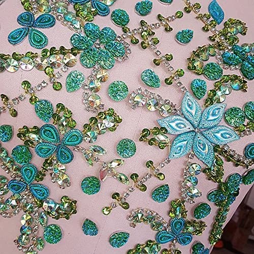 succi shan Green Fabric Appliqué Patch 10.6x12.2″ | Bright Sew-on Rhinestone Flower for Wedding Dresses thumbnail 6