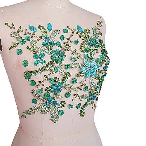 succi shan Green Fabric Appliqué Patch 10.6x12.2″ | Bright Sew-on Rhinestone Flower for Wedding Dresses thumbnail 2