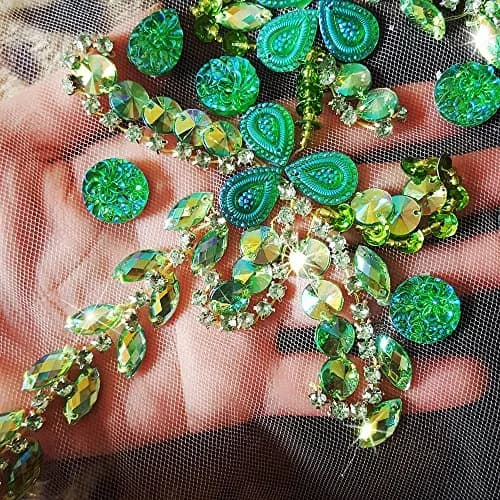 succi shan Green Fabric Appliqué Patch 10.6x12.2″ | Bright Sew-on Rhinestone Flower for Wedding Dresses thumbnail 3