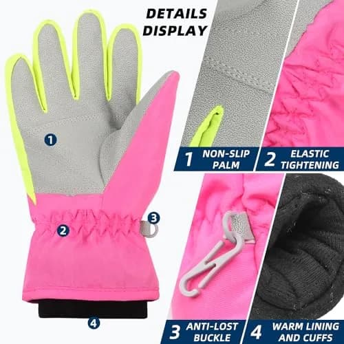 AMYIPO Kids Winter Snow Ski Gloves for Boys Girls (Pink, 4-5 Years) | Water-Resistant & Windproof Fleece Lined thumbnail 8