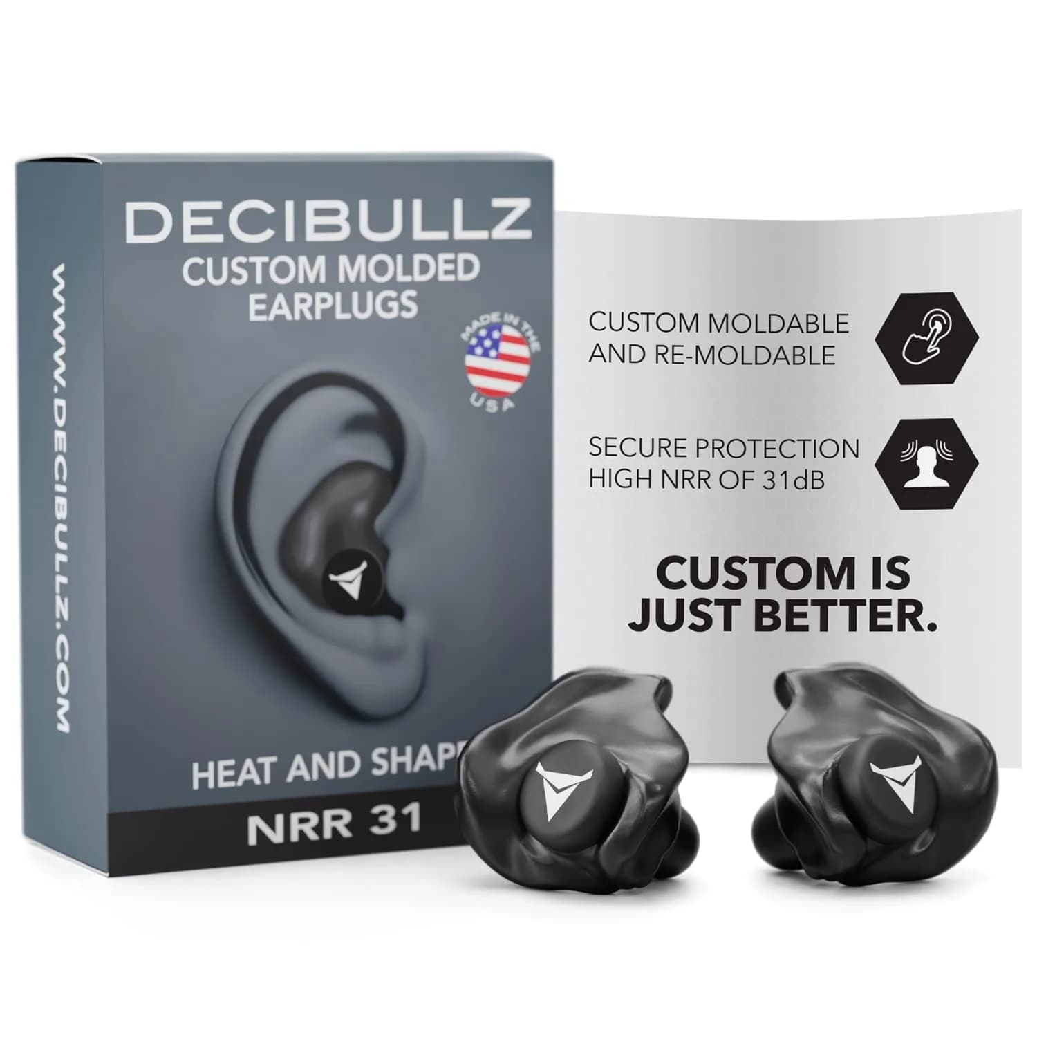 Decibullz Custom Molded Ear Plugs | 31dB NRR Shooting Ear Protection in Black