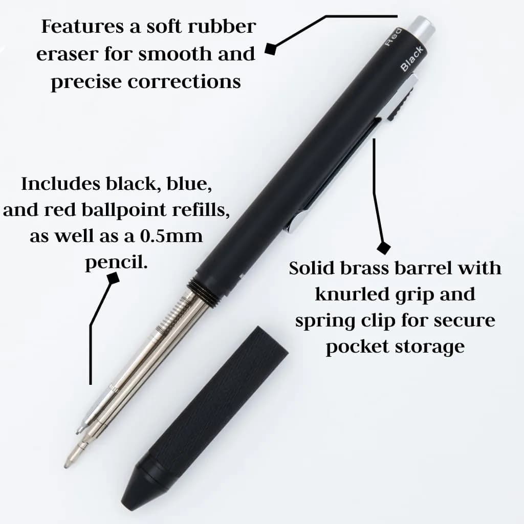 Monteverde USA Quadro 4-in-1 Multifunction Pen Black | Brass Barrel, Knurled Grip, 0.5mm Pencil & 3 Ballpoints - view 4