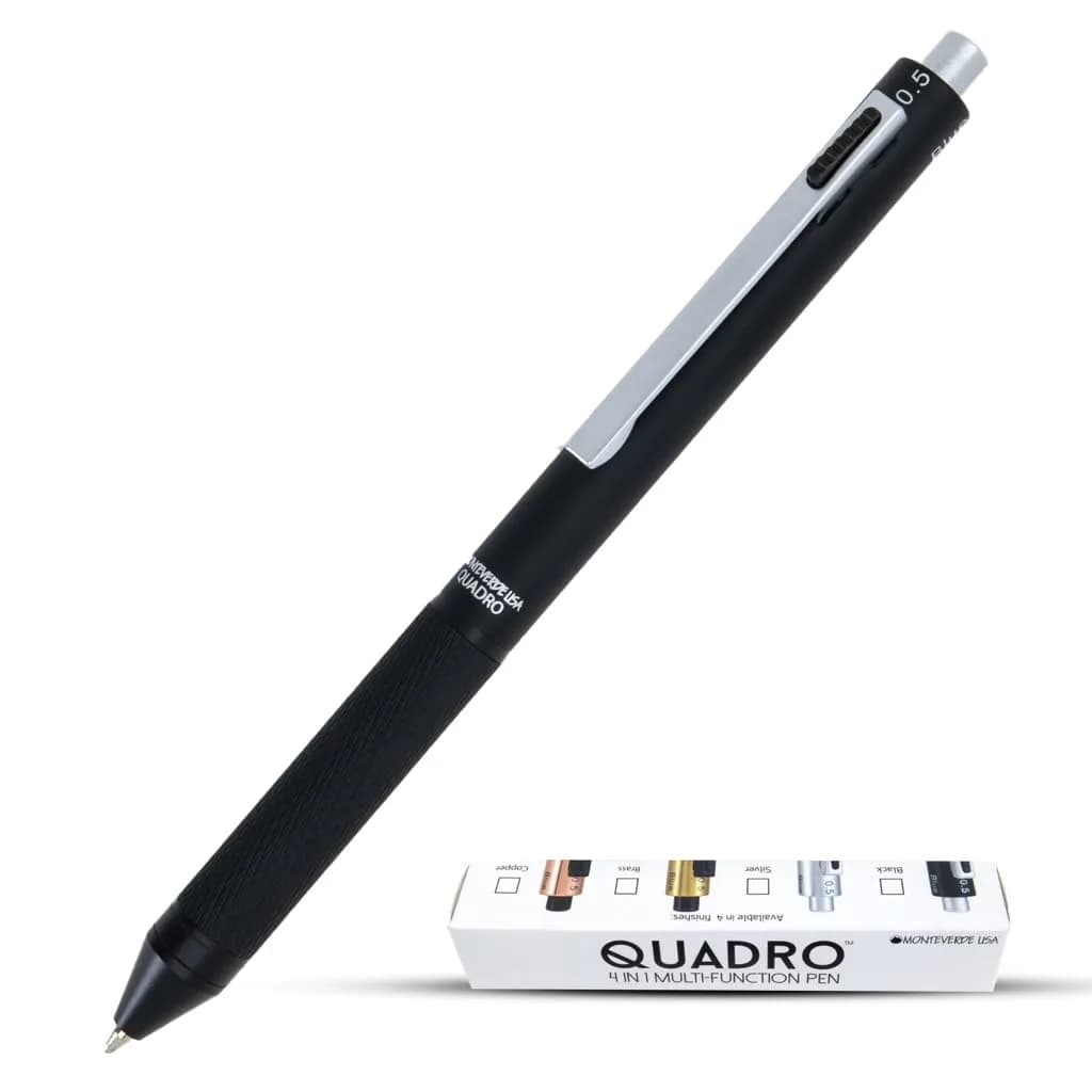 Monteverde USA Quadro 4-in-1 Multifunction Pen Black | Brass Barrel, Knurled Grip, 0.5mm Pencil & 3 Ballpoints