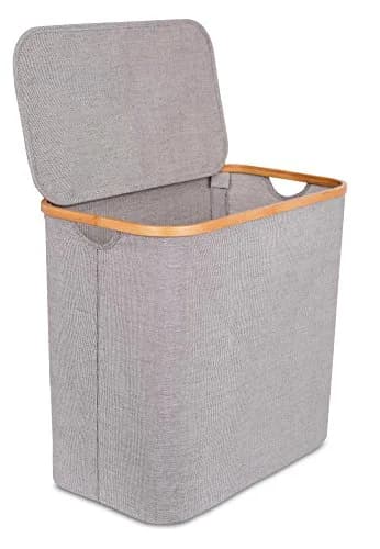 BIRDROCK HOME Bamboo & Canvas Hamper | Foldable Laundry Basket with Lid | 21x13x20 in | Grey thumbnail 1