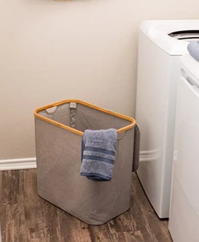 BIRDROCK HOME Bamboo & Canvas Hamper | Foldable Laundry Basket with Lid | 21x13x20 in | Grey thumbnail 9