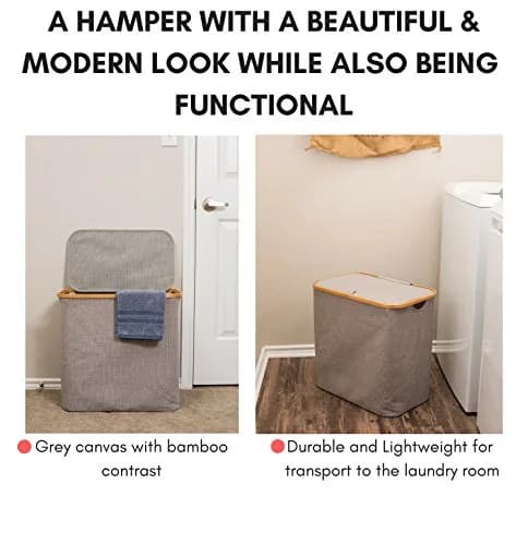 BIRDROCK HOME Bamboo & Canvas Hamper | Foldable Laundry Basket with Lid | 21x13x20 in | Grey thumbnail 2